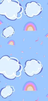 Whimsical clouds and rainbows on blue sky wallpaper.