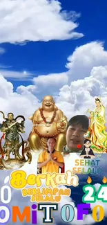 Golden deities with cloudy sky background and 2024 messages.