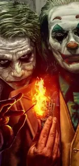 Two clowns with a fiery scene in detailed artistic style.