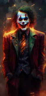 Mysterious clown in fiery suit with glowing background.