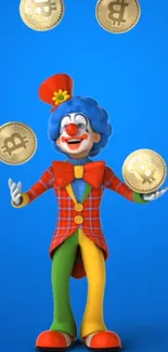 Clown juggling bitcoins on a blue background.