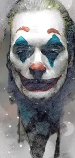 Abstract clown face with red and blue paint on a mobile wallpaper.