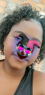 Portrait featuring a digital clown mask filter with curly hair background.