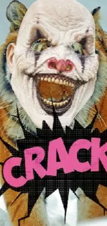 Surreal clown-faced tiger on a snowy background with colorful pop art text.