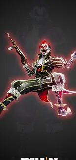 Clown warrior from game in vibrant costume, striking pose.