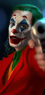 Vibrant clown pointing gun, art wallpaper.