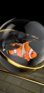 Artistic wallpaper with clownfish in a glass sphere on a black and gold background.