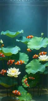 Clownfish swim among lotus leaves in a tranquil aquarium scene.