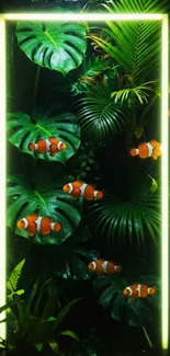 Neon jungle wallpaper with clownfish and green plants.