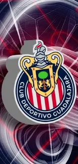 Club Deportivo Guadalajara emblem with red and blue swirling background.