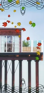 Autumn leaves around a serene seaside cabin with an ocean backdrop.