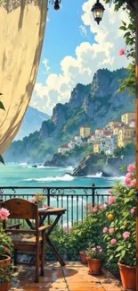 Scenic coastal view from a balcony with lush flowers and ocean waves.