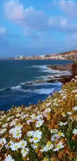 Coastal scenery with daisies and ocean waves under a blue sky.