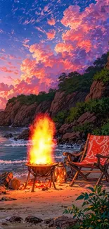 Artwork of a campfire by the sea under a vibrant sunset sky.