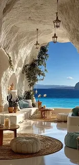 Coastal cave with ocean view and natural decor.