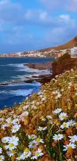 Beautiful coastal landscape with flowers and ocean view.