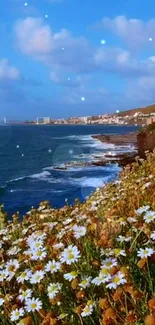 Coastal flowers with ocean and blue sky.