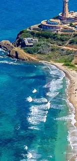 Aerial view of a coastal lighthouse with vibrant blue ocean waves.