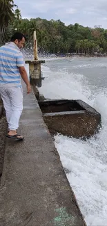 Person walking by the ocean with palm trees and waves crashing against the shore.