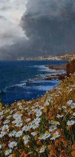 Stormy coastal scene with daisies and ocean waves.