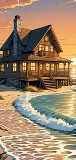A serene beach cottage at sunset with waves and palm trees in a tranquil illustration.