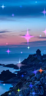 Twilight over rocky coastline with blue and pink sky wallpaper.