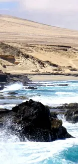 Coastal waves meet desert sands in a tranquil landscape.