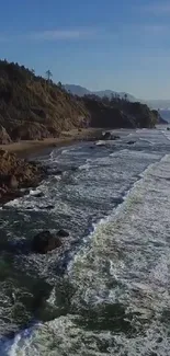 Aerial view of rocky coastline with waves and clear blue sky.