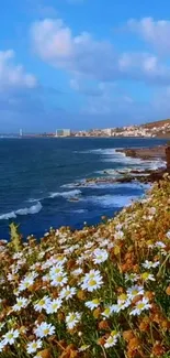 Coastal flowers with ocean and sky background.