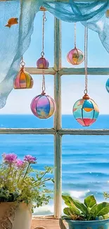 Coastal view with glass ornaments and ocean backdrop.