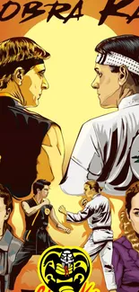 Cobra Kai themed wallpaper with iconic characters and martial arts imagery.