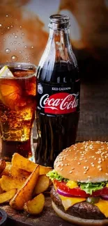 Burger and Coca-Cola with fries in a rich brown setting.