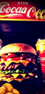 Juicy burger with Coca-Cola drink in vibrant setting.