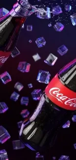 Vibrant Coca Cola bottles with ice cubes