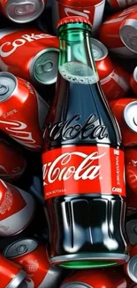 Coca-Cola bottle amid red soda cans wallpaper.