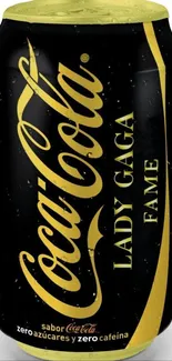 Gold Coca-Cola can on black stylish wallpaper.