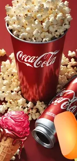 Coca-Cola popcorn with ice cream and popsicle on a red background.