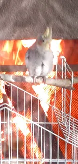 Cockatiel perched by a glowing fireplace.