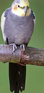 Cockatiel with grey and yellow feathers perched on a tree branch.