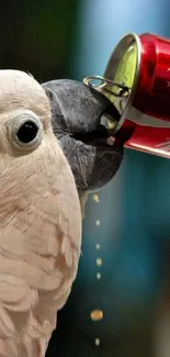 Cockatoo playfully drinking from a soda can.