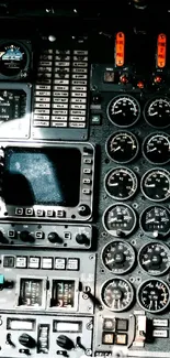 Detailed cockpit control panel with gauges and dials, perfect for aviation enthusiasts.