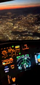 Colorful cockpit dashboard with city lights at night.