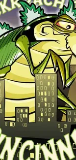 Illustrated giant cockroach cityscape cartoon wallpaper.