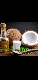 Coconut and oil on wooden table wallpaper.