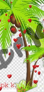 Coconut palm tree with red hearts and vibrant green leaves on wallpaper.