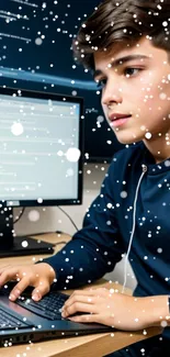 Young person coding on laptop with snow overlay.