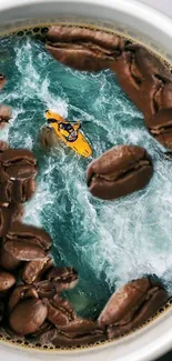 Kayaker navigating coffee river with beans surrounding.