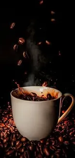 Steaming coffee cup with beans spilling around