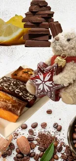 Coffee beans and chocolate with bear and bakery treats on a white background.