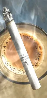 A coffee cup with a cigarette on top against a beige background.